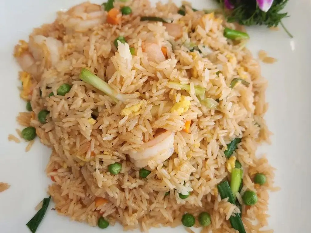 Thai shrimp fried rice with peas, carrots, egg and green onions at Green Papaya Thai Cuisine, a Thai Restaurant in Jacksonville