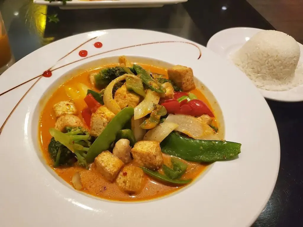 Thai red curry with tofu, mixed vegetables and a side of steamed rice at Green Papaya Thai Cuisine, a Thai Restaurant in Jacksonville